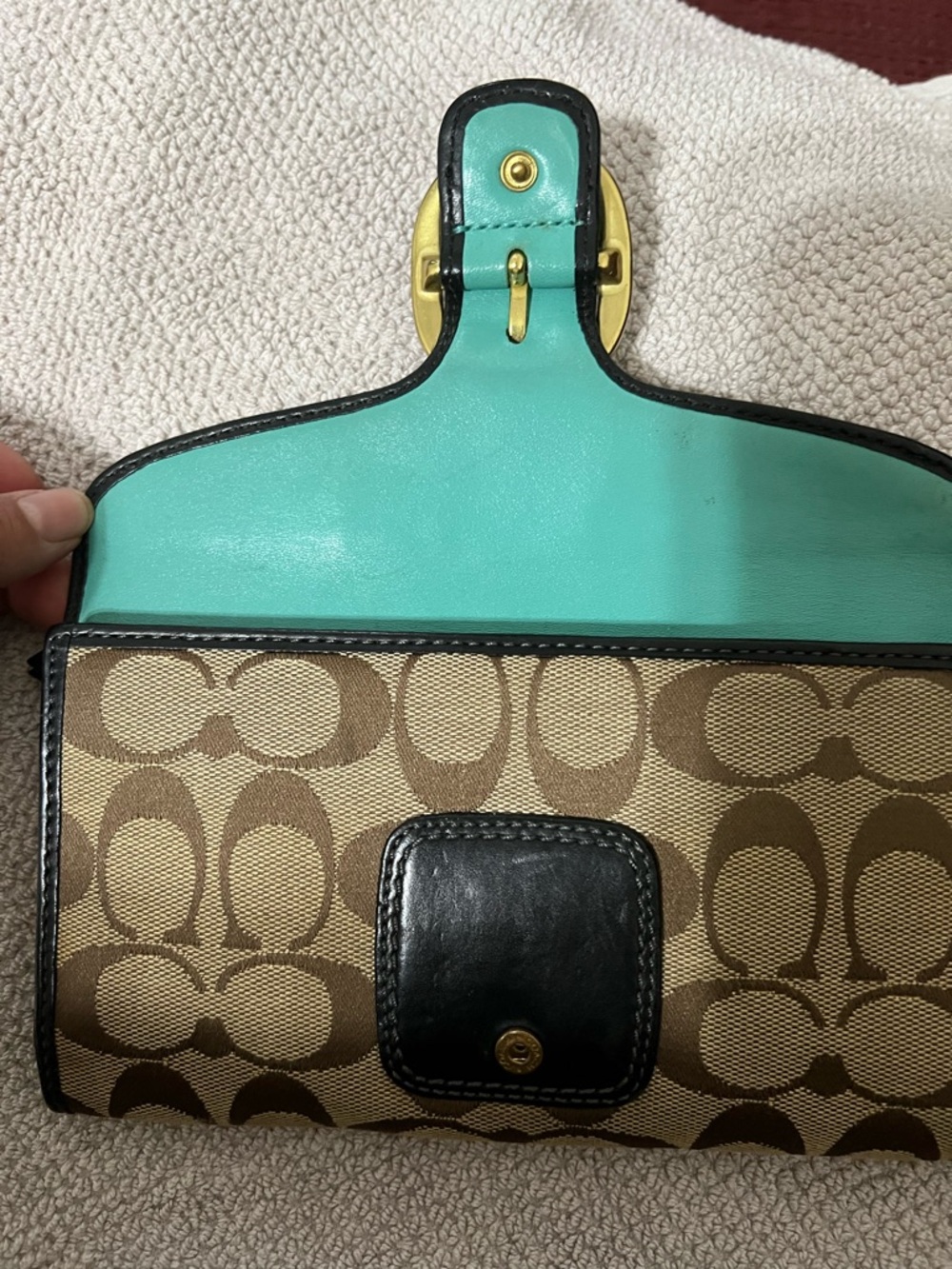 Coach Brown Signature Canvas Wallet with Black Trim and Gold Buckle - Picture 10 of 15